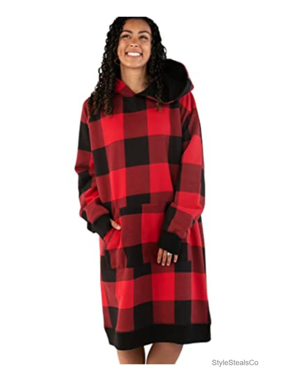 Oversized Plaid Hoodie Dress with Pockets, Cotton Sleepwear Lounge Dress, Long